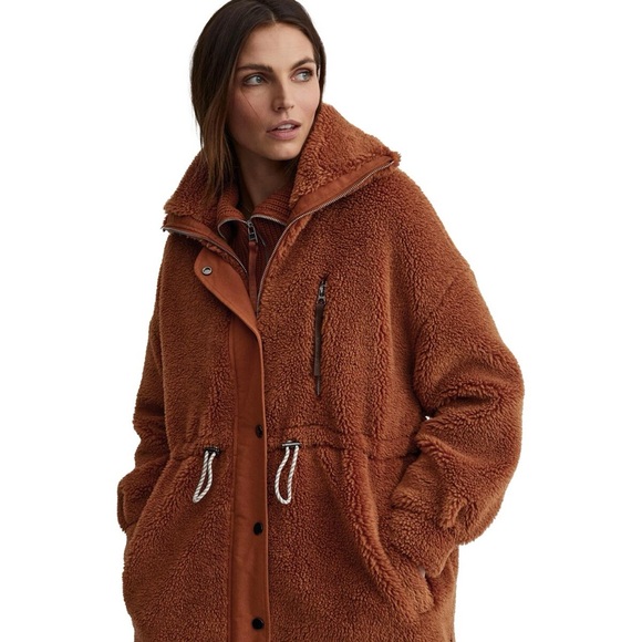 Varley Jones Sherpa Coat Medium Caramel Cafe New Long Teddy Jacket Rust - Picture 2 of 13